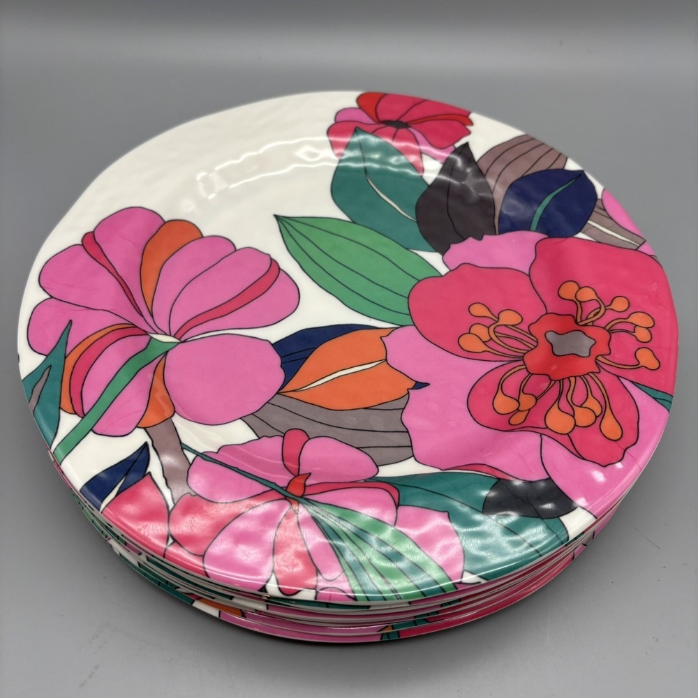 Trina Turk Floral Fuchsia Hibiscus Melamine 11" Dinner Plates Set 8/Bowls Set 4